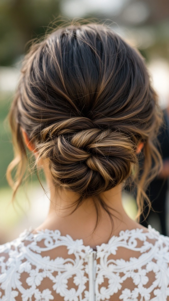 A hairstyle featuring a messy bun with braided detail, showcasing a relaxed yet elegant look.