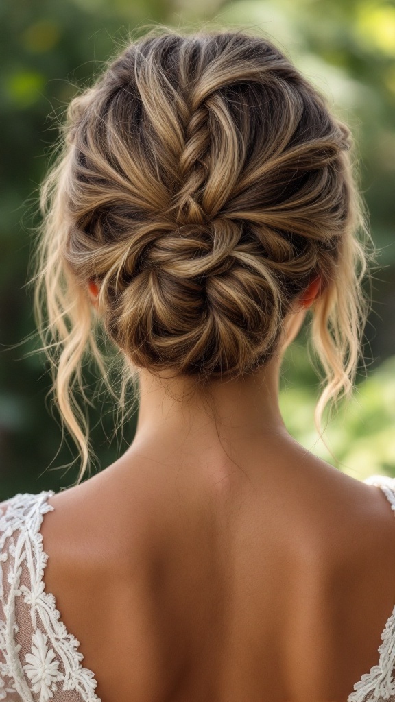 A messy bun hairstyle with braided details, ideal for bridesmaids with fine hair.