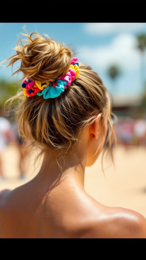 A girl with a messy bun held by colorful scrunchies, showing off a casual and sporty look.