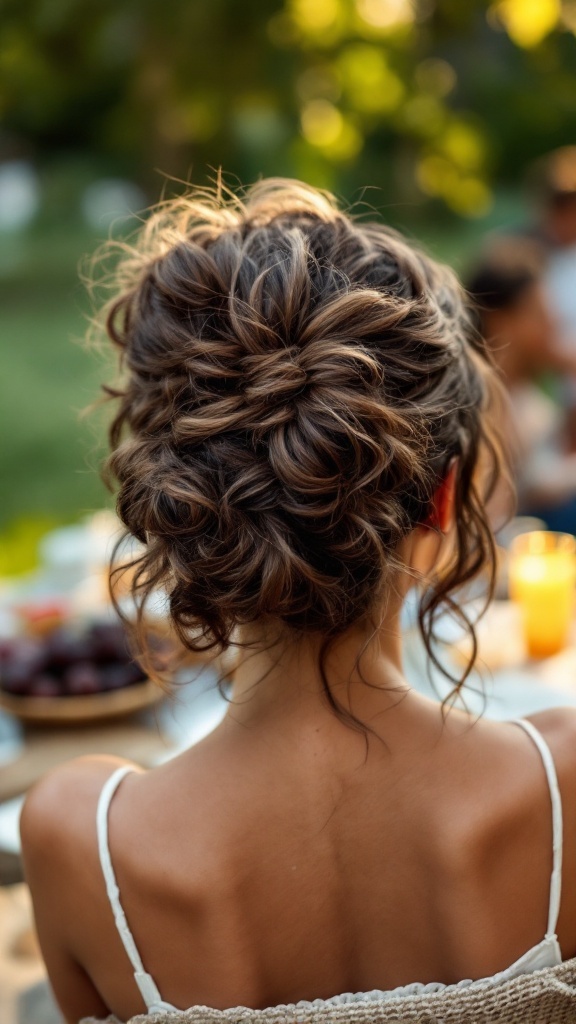 A woman with a messy bun and loose curls framing her face, set in a casual outdoor setting.