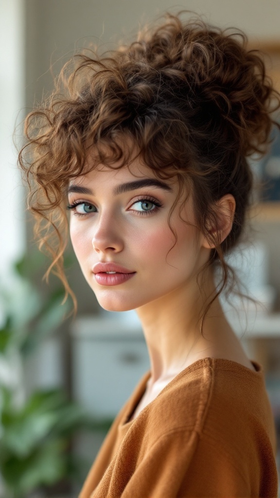 A woman with curly hair styled in a messy bun, with strands framing her face.