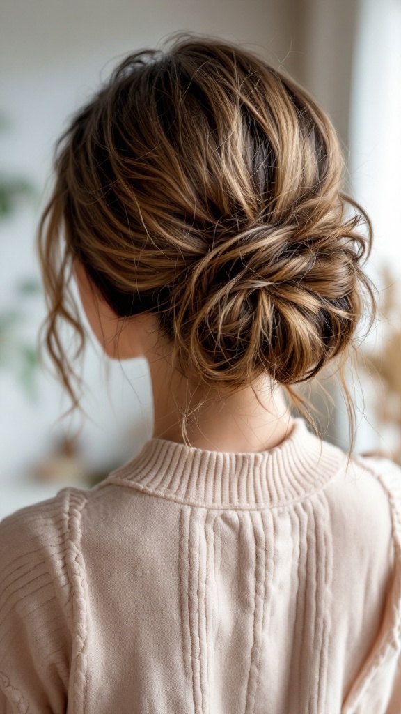 A woman with a messy bun hairstyle, featuring face-framing layers, wearing a light sweater.