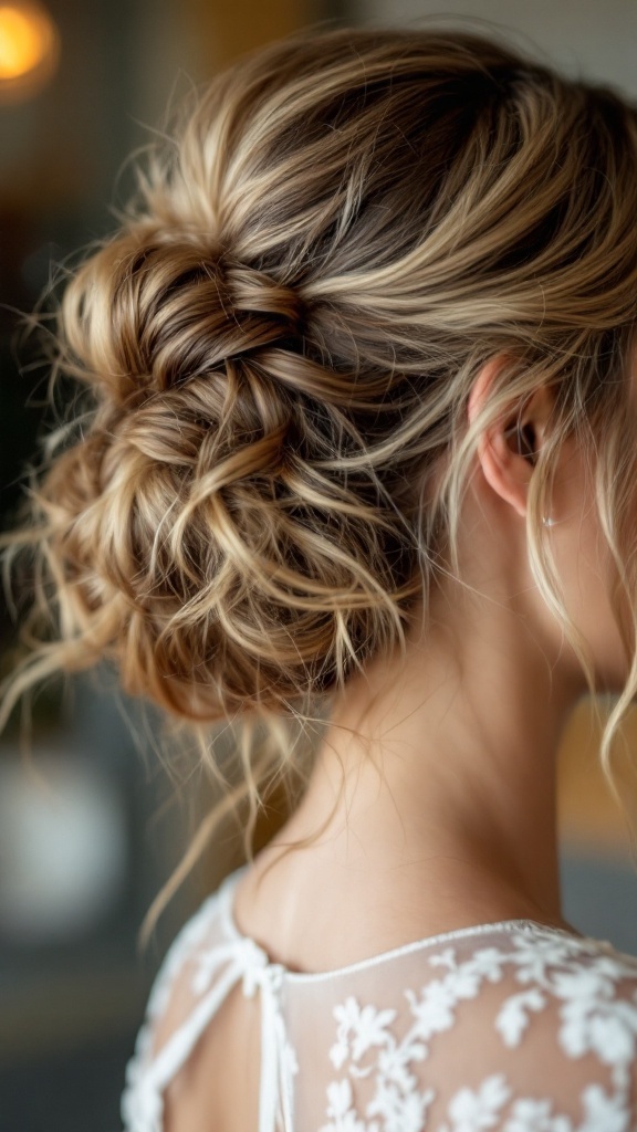 A messy bun hairstyle with loose strands framing the face, displayed from behind.