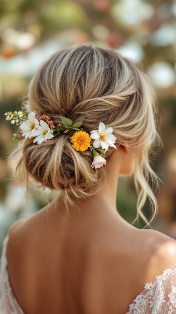 A woman with a messy bun hairstyle decorated with fresh flowers, showcasing a beautiful wedding look.