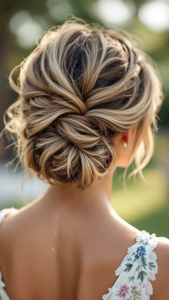 Messy bun hairstyle with half-up twist, featuring soft waves and a romantic vibe.