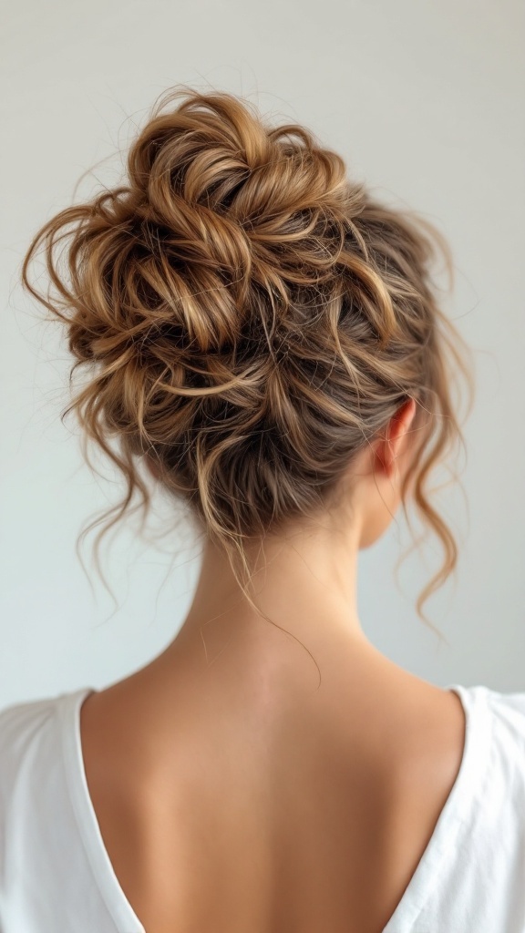 A messy bun hairstyle with natural curls peeking through, showcasing a relaxed yet elegant look.
