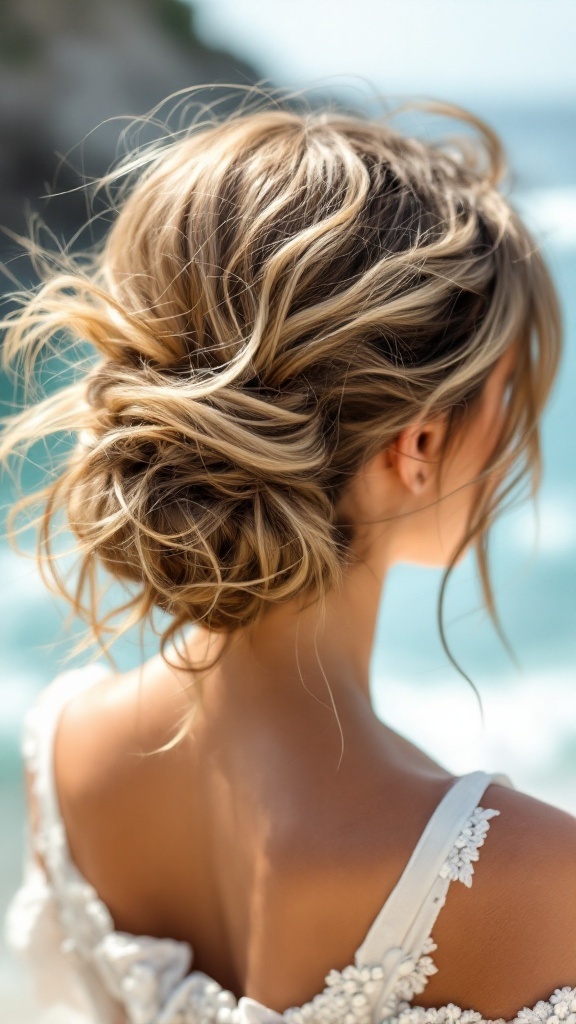 Messy bun hairstyle hairstyle for a beach wedding