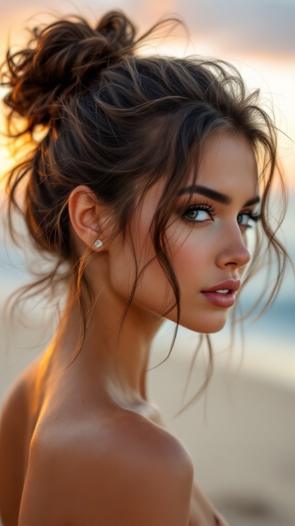 A young woman with a messy bun hairstyle, short strands framing her face, set against a beach backdrop during sunset.
