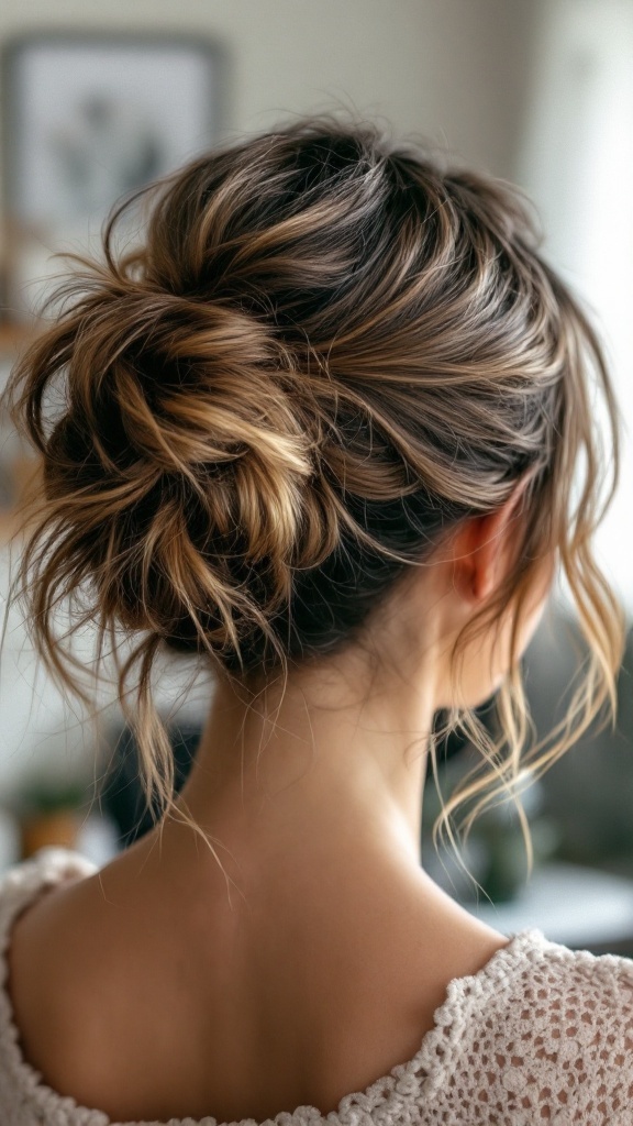 A woman with a messy bun hairstyle and side bangs, showcasing a casual yet stylish look.