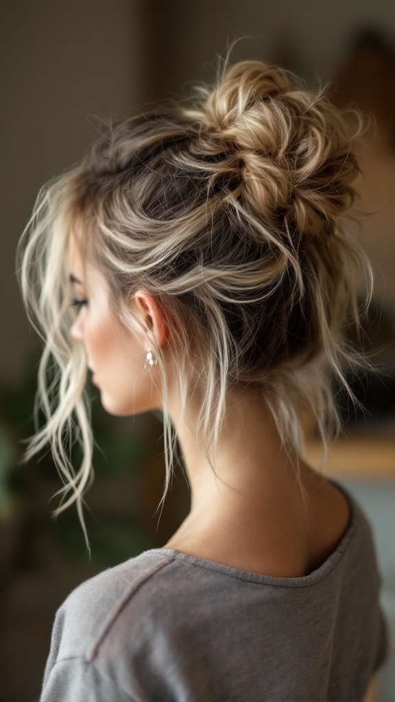 A woman with a messy bun hairstyle and soft face framing strands, looking stylish.