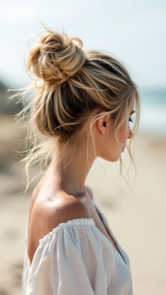 A woman with long hair styled in a messy bun with loose strands, standing against a beach background.