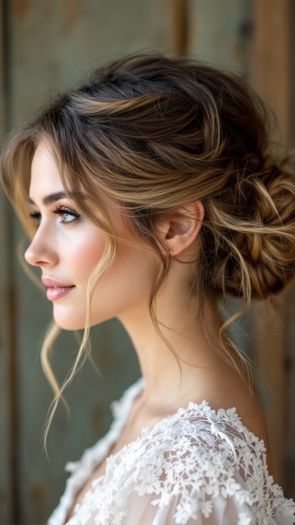 A profile view of a woman with a messy bun hairstyle adorned with tendrils, wearing a delicate lace dress.