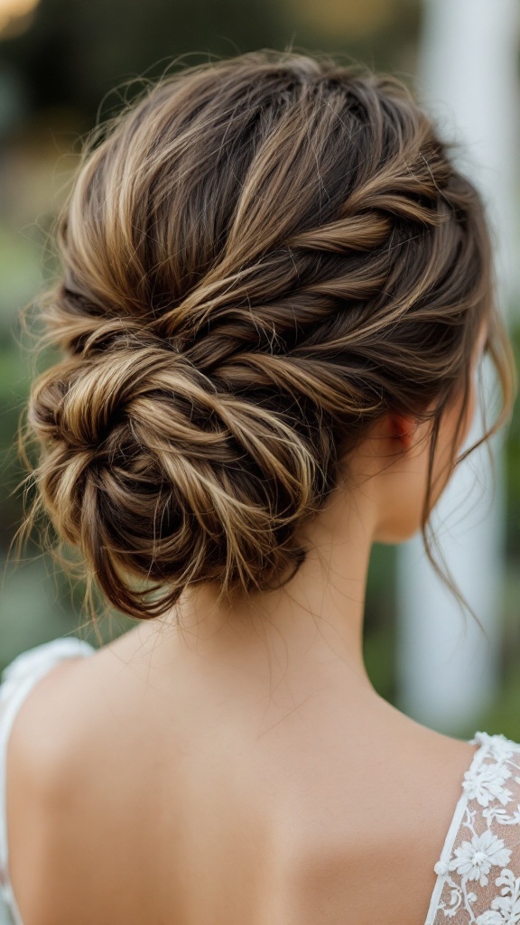 A close-up of a messy bun hairstyle with twisted strands, showcasing an elegant and relaxed look.