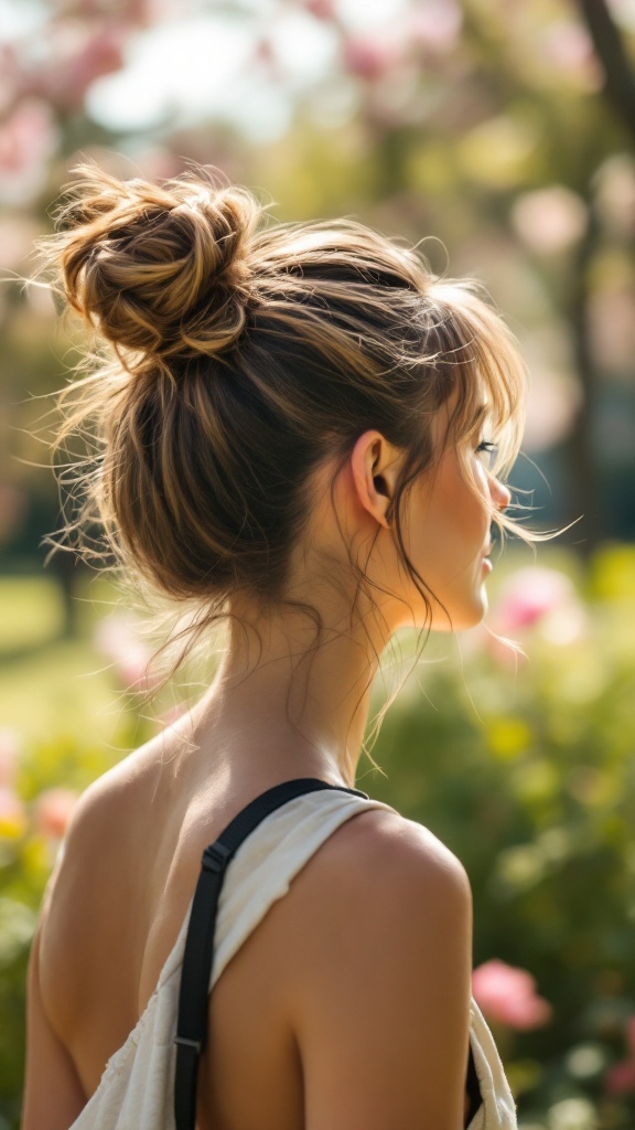 A woman with a messy bun and wispy bangs, standing in a garden with flowers.