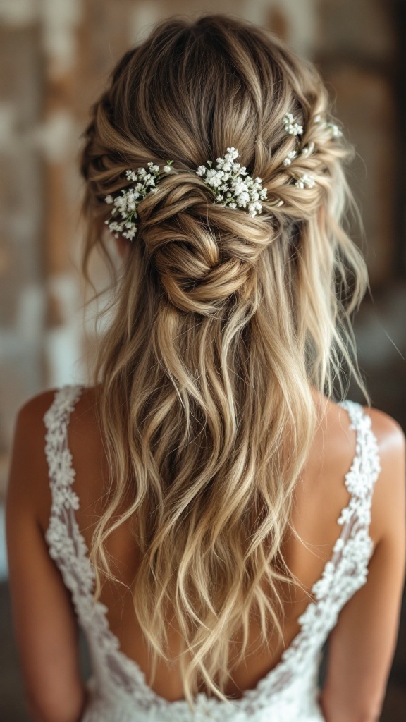 A bride with a messy half-up bun decorated with flowers and side braids.