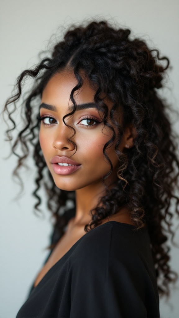 Model with a messy half-up twist hairstyle, featuring loose curls.
