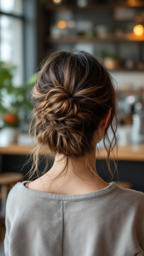 A messy half up bun hairstyle with loose strands, showcasing a casual and chic look.