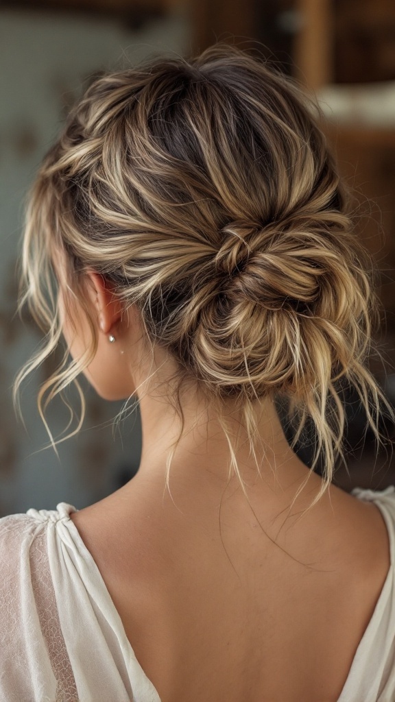A messy half up bun hairstyle with loose strands, suited for bridesmaids.