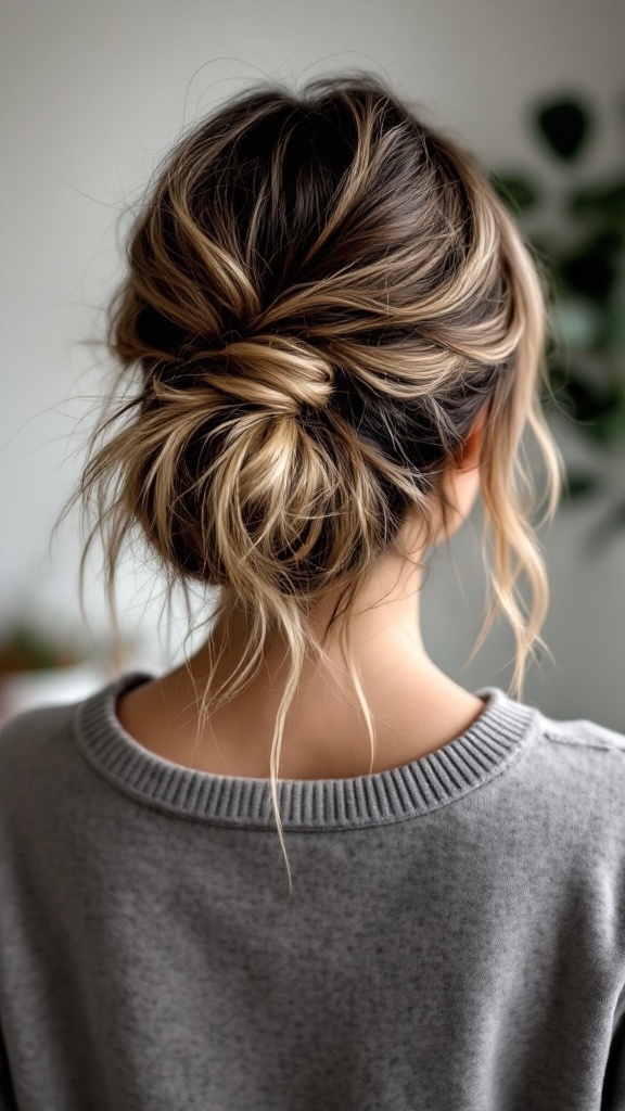 A woman with a messy half up half down bun hairstyle, wearing a cozy grey sweater.
