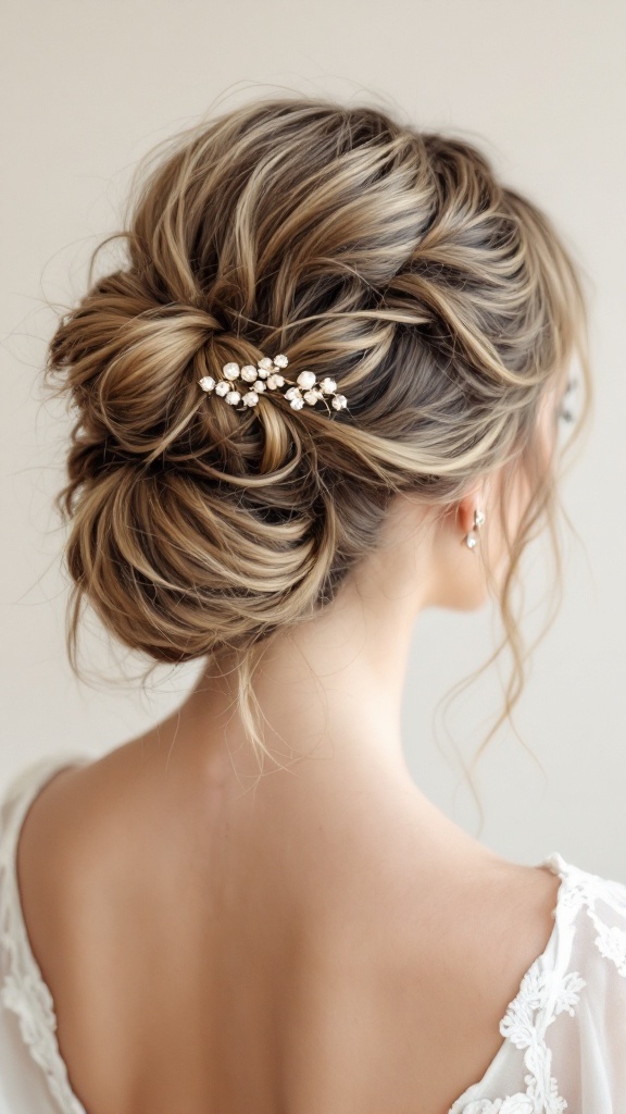 A messy knot hairstyle decorated with hairpins, perfect for a wedding.