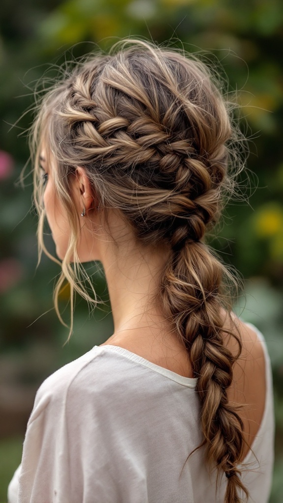 A messy low ponytail hairstyle featuring braids, showcasing a relaxed yet stylish look.