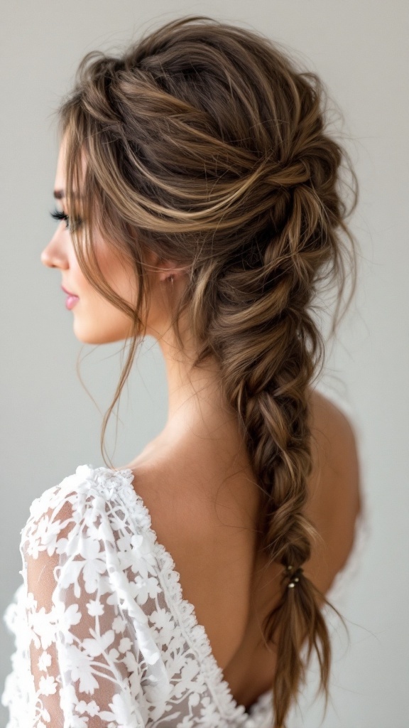 A woman with a messy side braid hairstyle, wearing a white floral dress, showcasing a relaxed bridal look.
