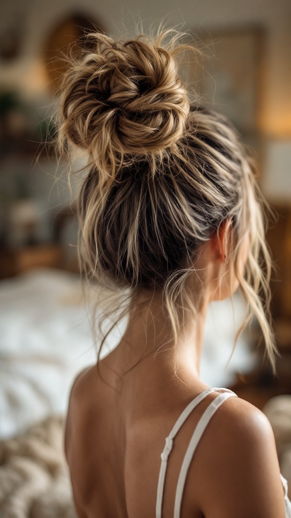 A casual messy top knot hairstyle on medium-length hair.