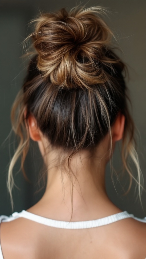 Casual messy top knot hairstyle viewed from the back