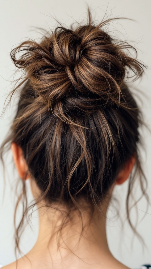 A messy top knot hairstyle on short hair, showing casual and stylish look.