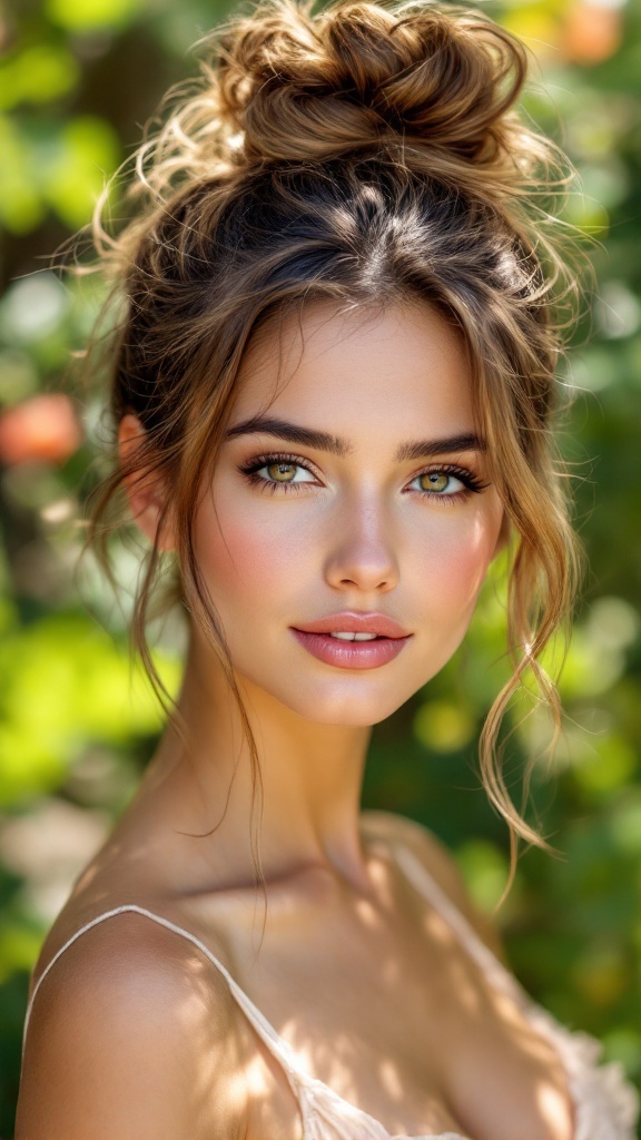 A woman with a messy top knot hairstyle, featuring loose strands, smiling in a natural setting.