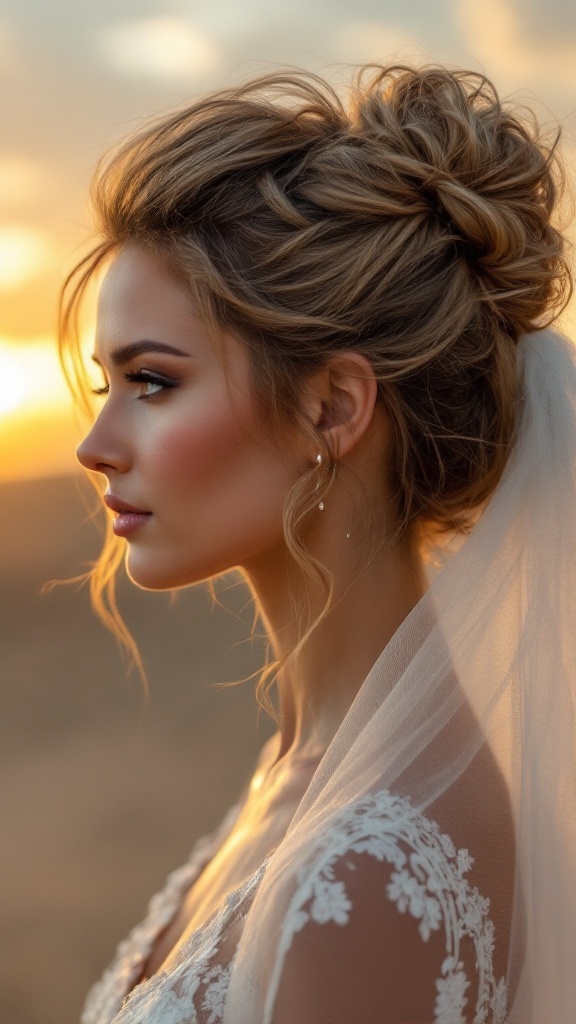 Bridal hairstyle featuring a messy top knot and veil, with a sunset background.