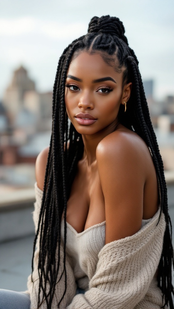 A woman with micro braids styled elegantly, showcasing a confident look.