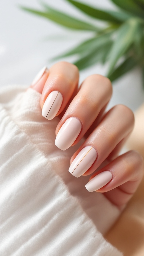 A close-up of a hand showing minimalist summer nails in soft pink, with a cozy sweater and greenery in the background.