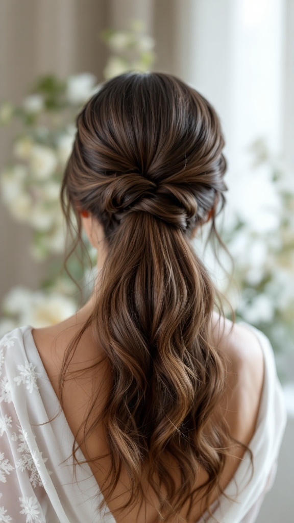 A modern half up half down wedding hairstyle with sleek twists and soft waves.