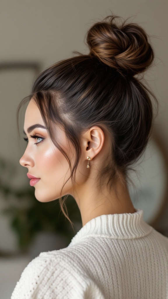 A woman with a modern top knot hairstyle, showcasing a sleek finish.