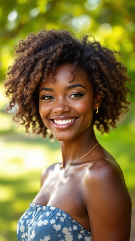 A woman with short, natural curls smiling brightly outdoors.