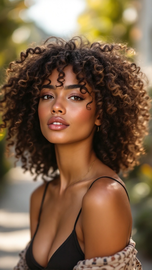 A woman with curly hair smiling at the camera, showcasing her natural curls in a sunny outdoor setting.