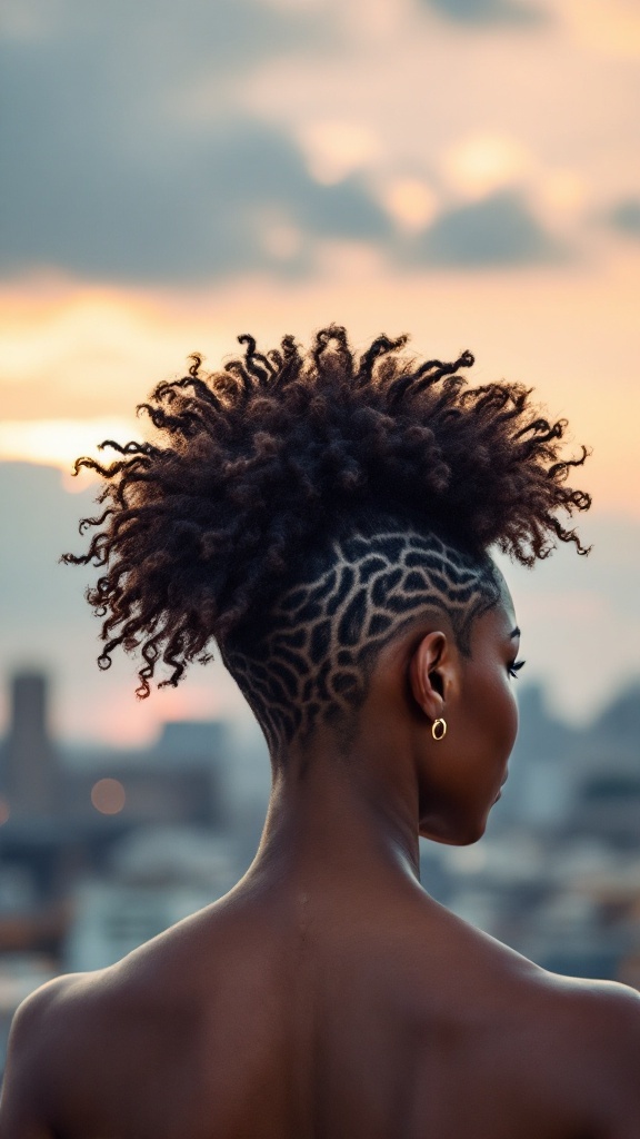 A woman with a natural hair mohawk featuring defined curls and artistic shaved patterns on the sides.