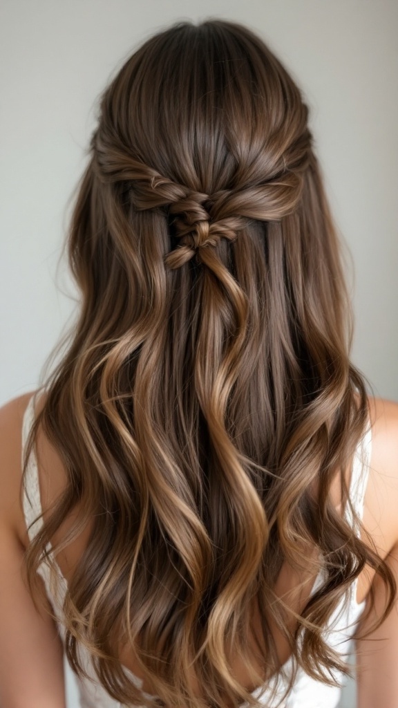 A hairstyle featuring natural straight hair styled with soft waves and a half-up braid for a bridesmaid look.