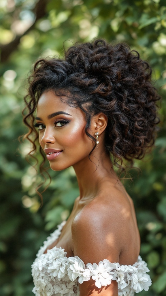 A woman with curly hair styled elegantly for a wedding, wearing a floral dress and earrings.