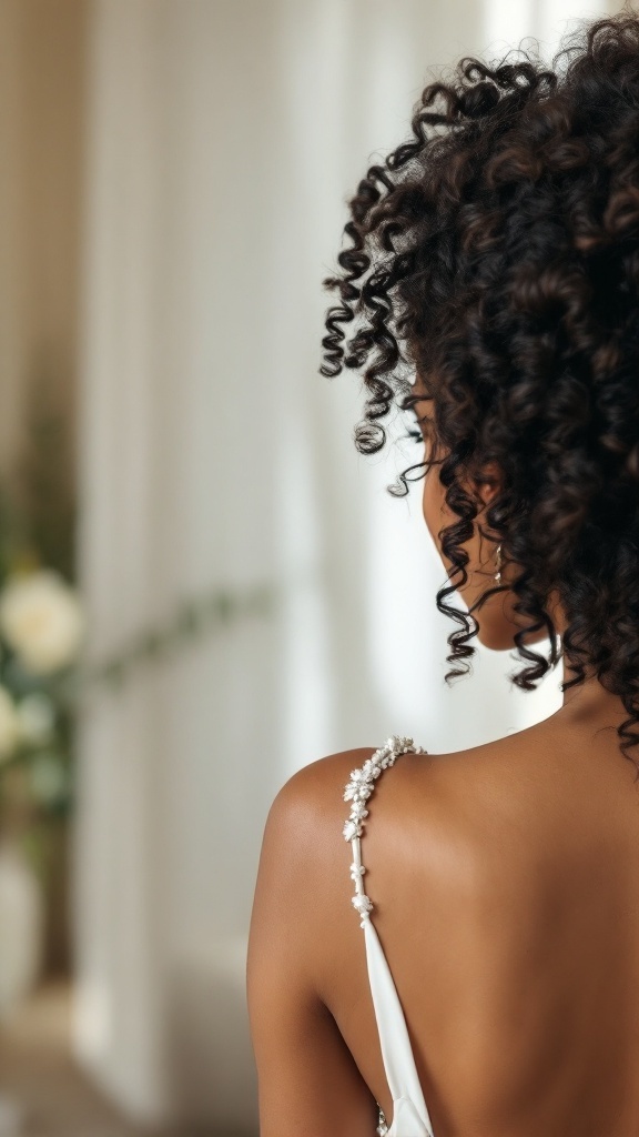A close-up of a bride's back showing natural curly hair styled elegantly.