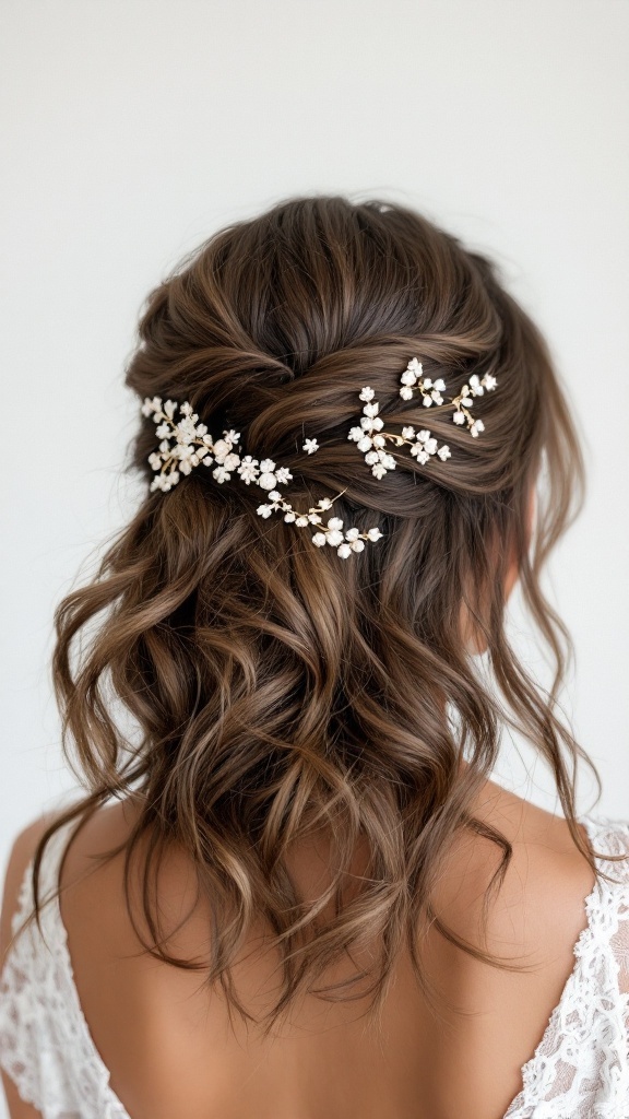 A hairstyle featuring natural texture with soft waves and floral hair clips.