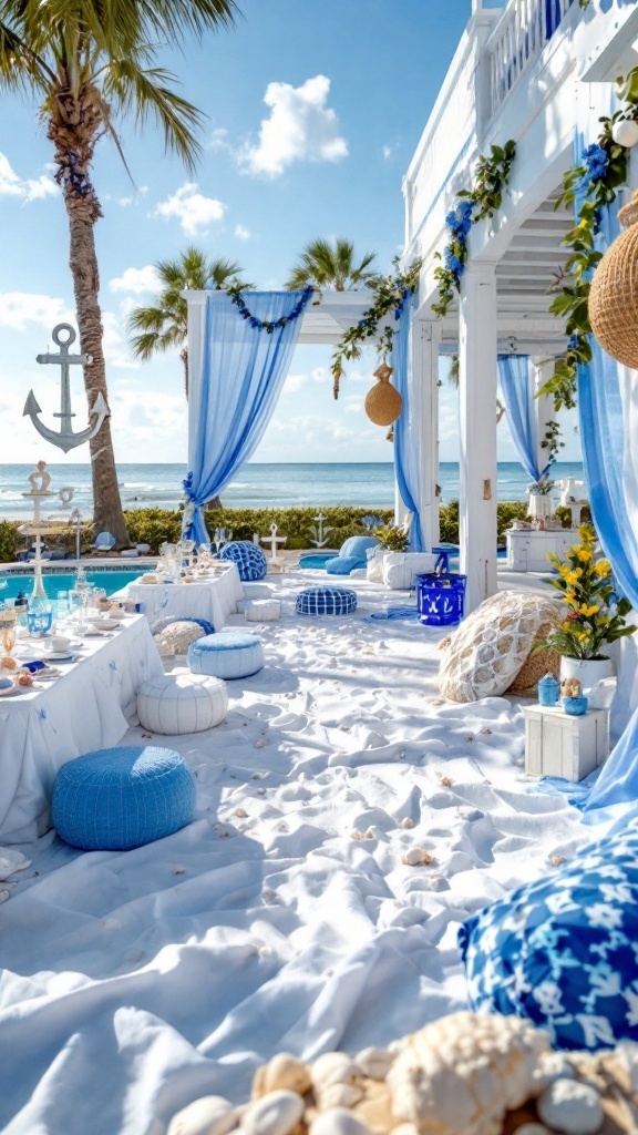 A beautifully decorated nautical-themed bridal shower setup with blue and white colors, cushions, and ocean-inspired decorations.
