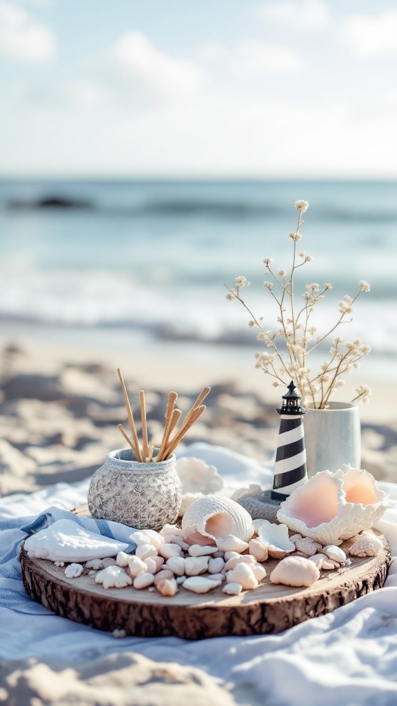 A beautiful beach scene with seashells, lighthouse decor, and dried flowers set on a wooden platter.