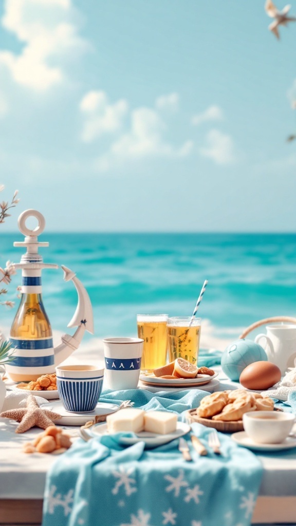 A beautifully arranged nautical brunch table by the sea, featuring blue and white decor, snacks, and refreshing drinks.