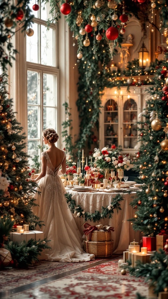 A winter bridal shower scene with a bride in a beautiful gown, surrounded by holiday decorations and a festive table.