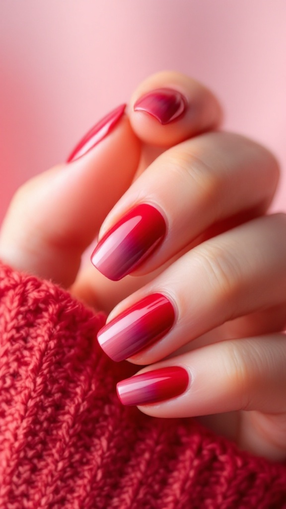 A hand with long, glossy red nails featuring an ombre red fade design.