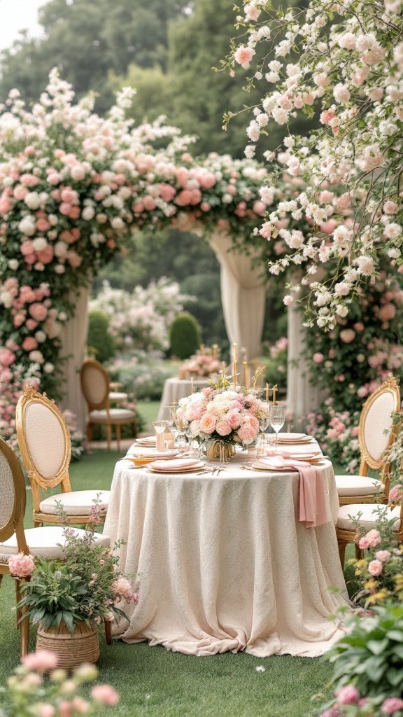A garden bridal shower setup featuring pastel colors, floral decorations, and elegant tables