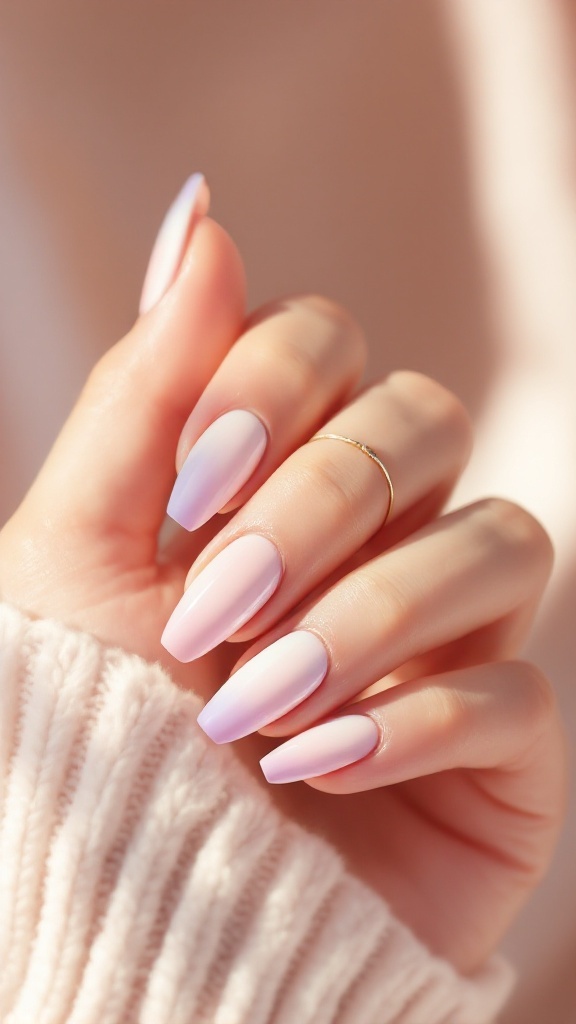 Close-up of pastel ombre nails in light pink and lavender colors