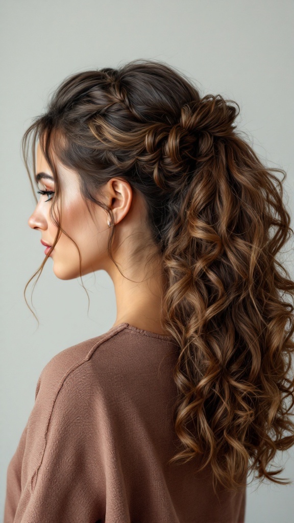 A woman with half up half down curly hair, styled elegantly.
